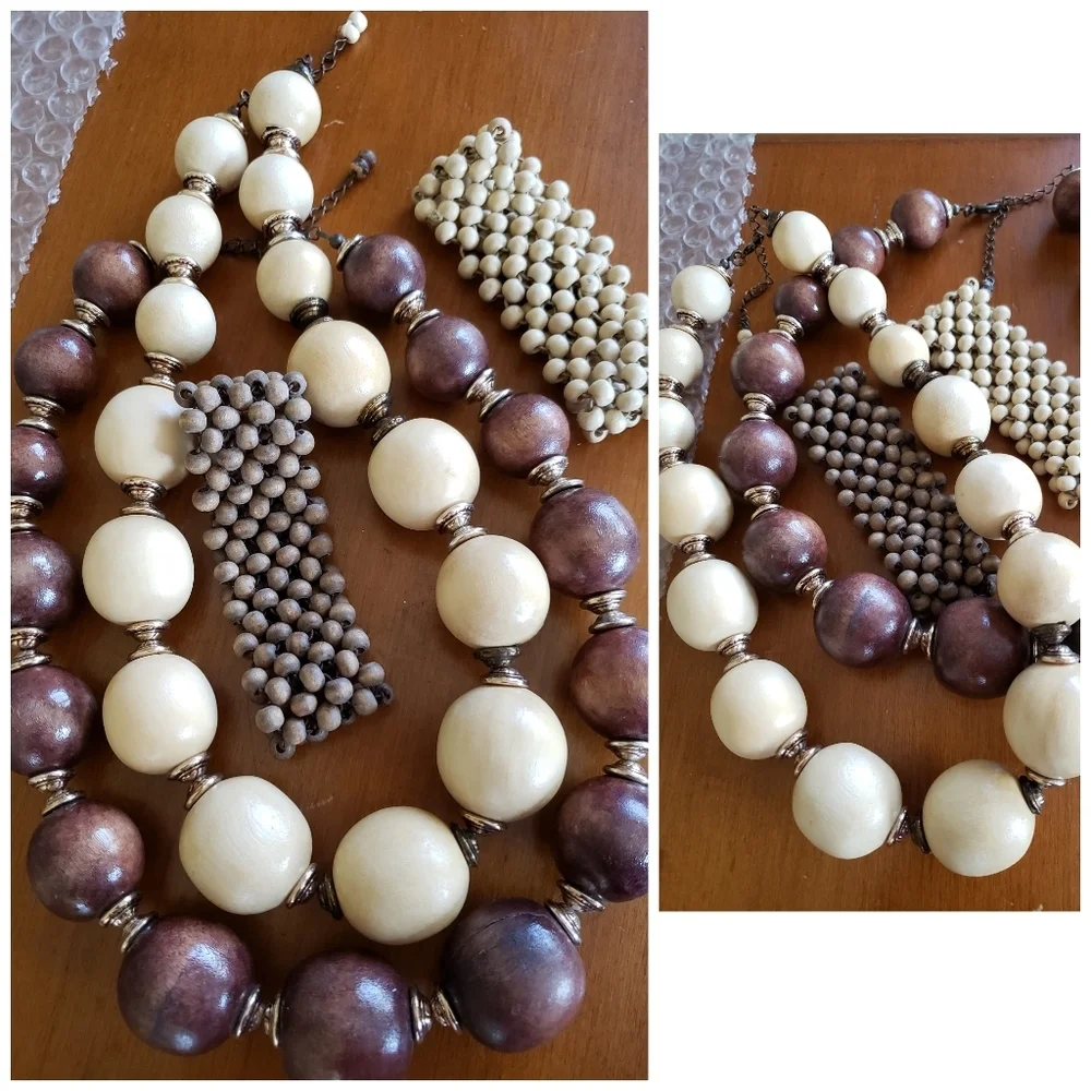 Boho Artisan Wooden Jewelry Set 2Necklaces 2 Bracelets Ivory Browns +4 Gifts New